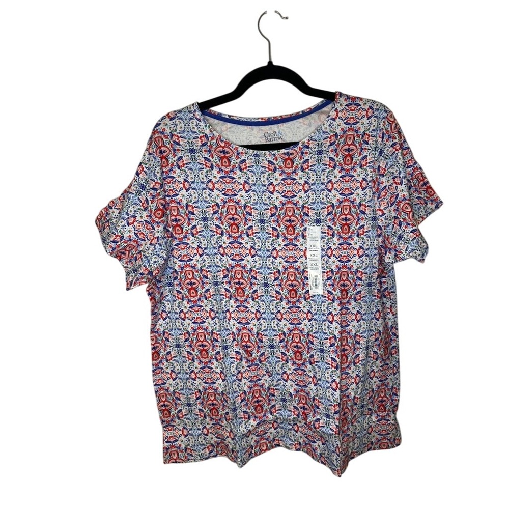 Croft & Barrow Women's XXL Short Sleeve Crewneck Classic Tee Red Blue‎ Print NWT